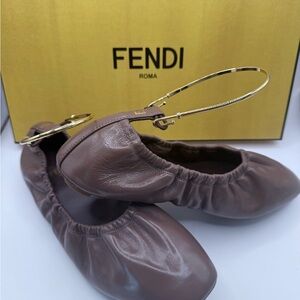 Fendi Women's Taupe Leather Flats with Gold Accent